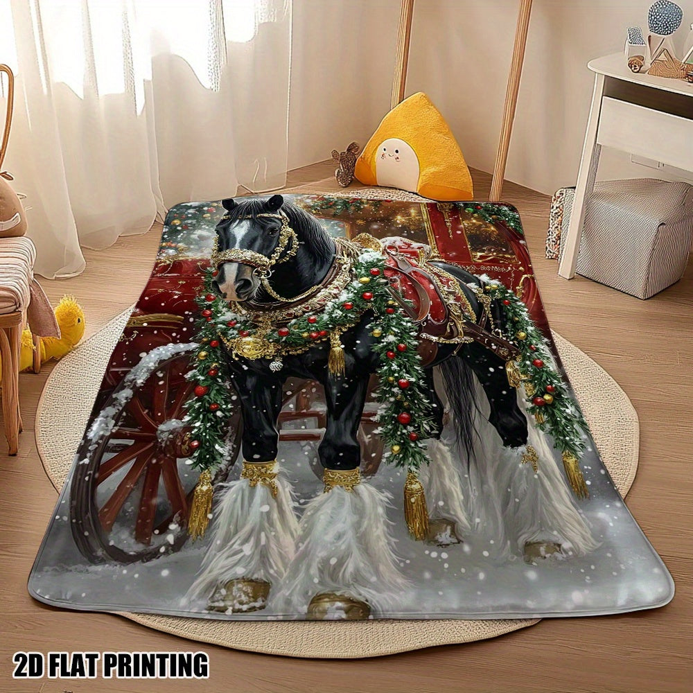 Soft Holiday Horse Throw Blanket – Black Horse with Golden Bridle, 51x59 Inches