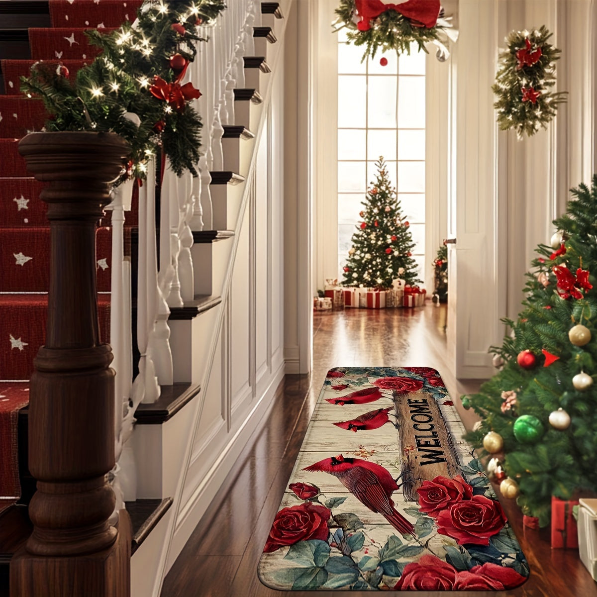 Christmas Red Cardinal & Rose Doormat, 1.5'x2.5' / 1.5'x4'