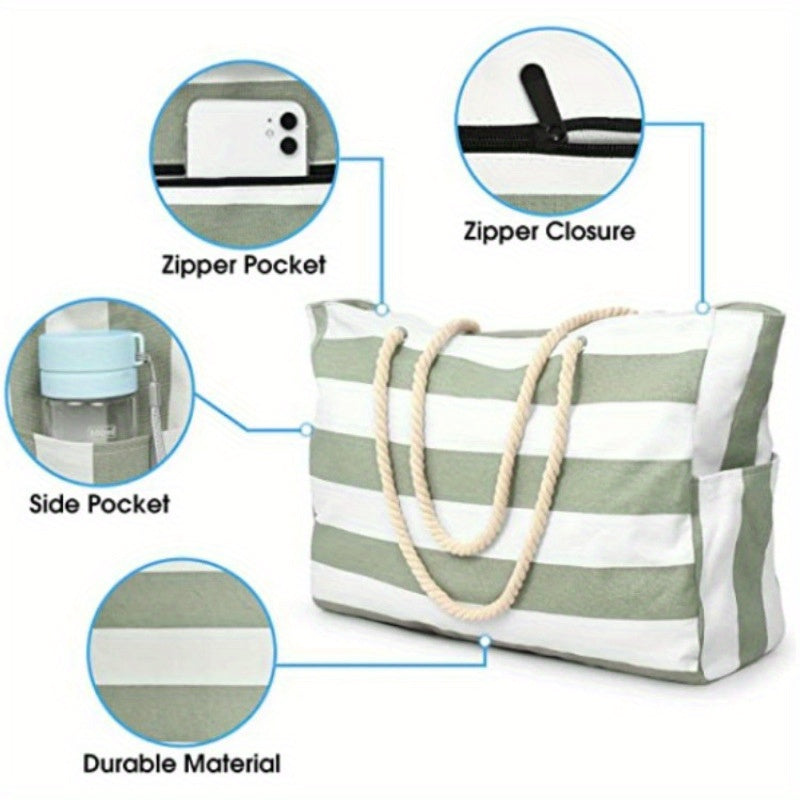 Gray and White Striped Lightweight Foldable Beach Tote