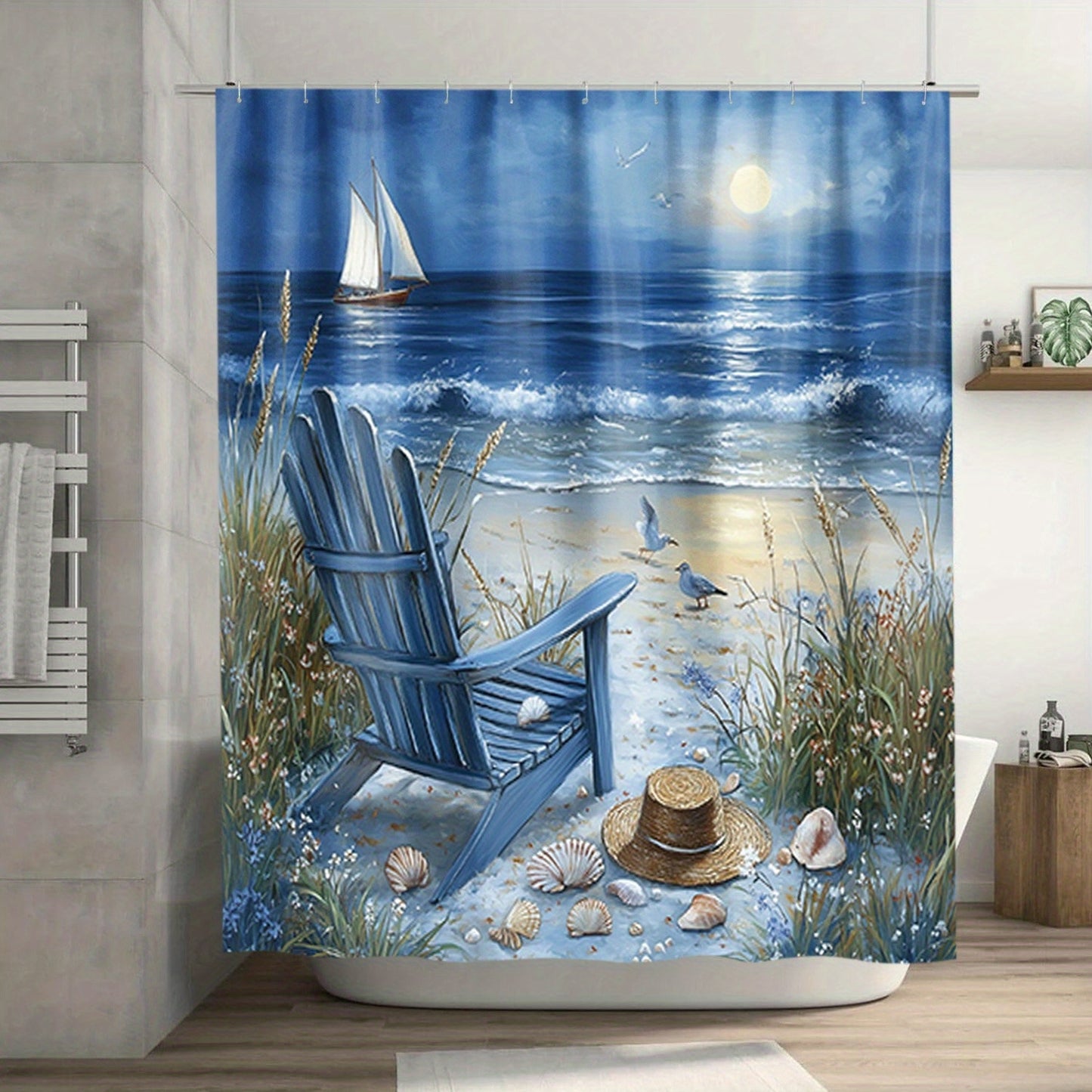 4-Piece Coastal Beach Shower Curtain Set – Adirondack Chairs & Sailboat Scene (72" x 72")
