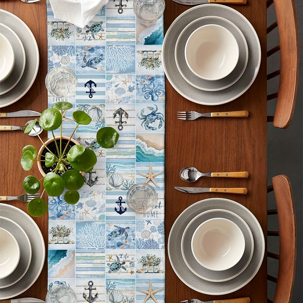 Summer Ocean Patchwork Table Runner – Sea Turtle & Coral Design (13"x48/72/108")