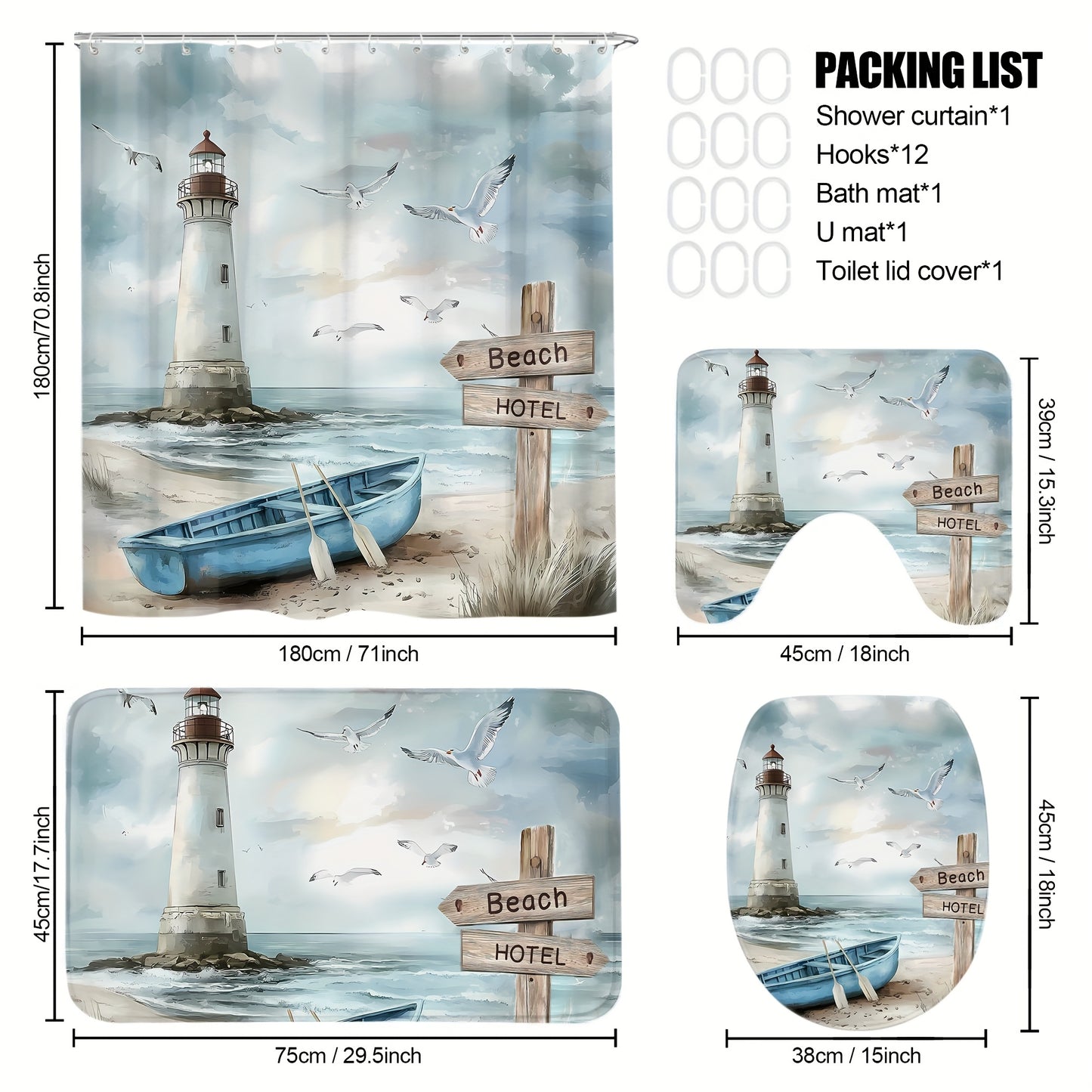 4-Piece Coastal Shower Curtain Set – Lighthouse, Rowboat & Seagulls Design (70.8x70.1")