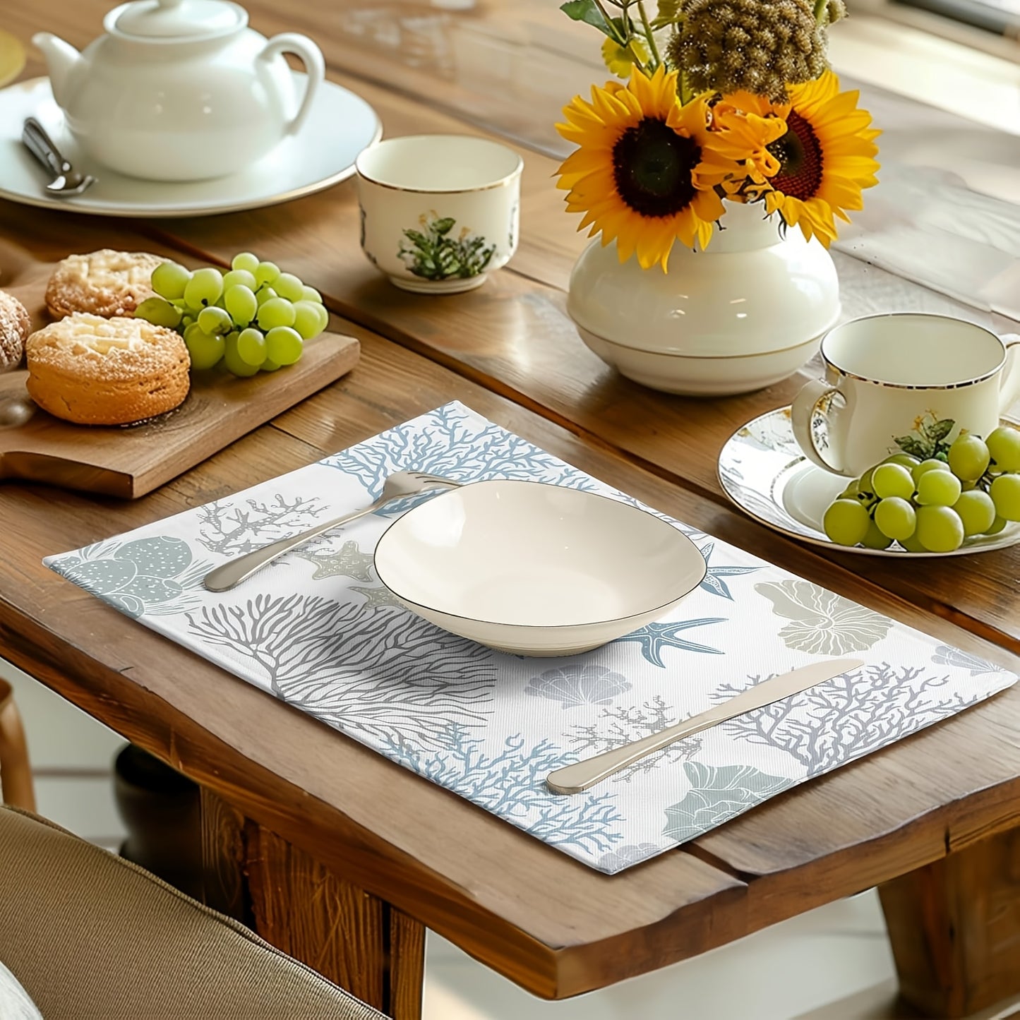 Summer Nautical Coastal Placemats – Set of 4 Ocean & Beach 12x18" Table Mats, Blue Gray Coral Starfish Design