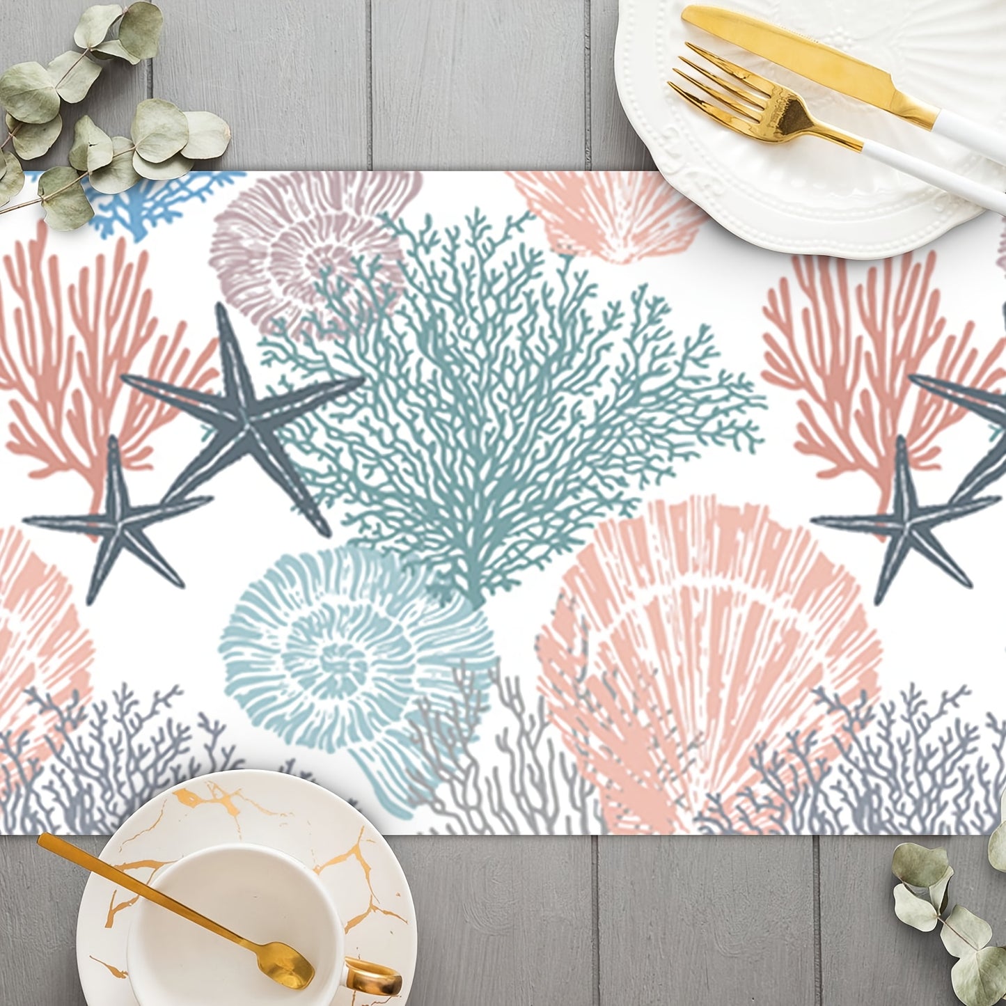 Coral Starfish & Seashell Design —Coastal Nautical Linen Table Runner, 13x48/72"