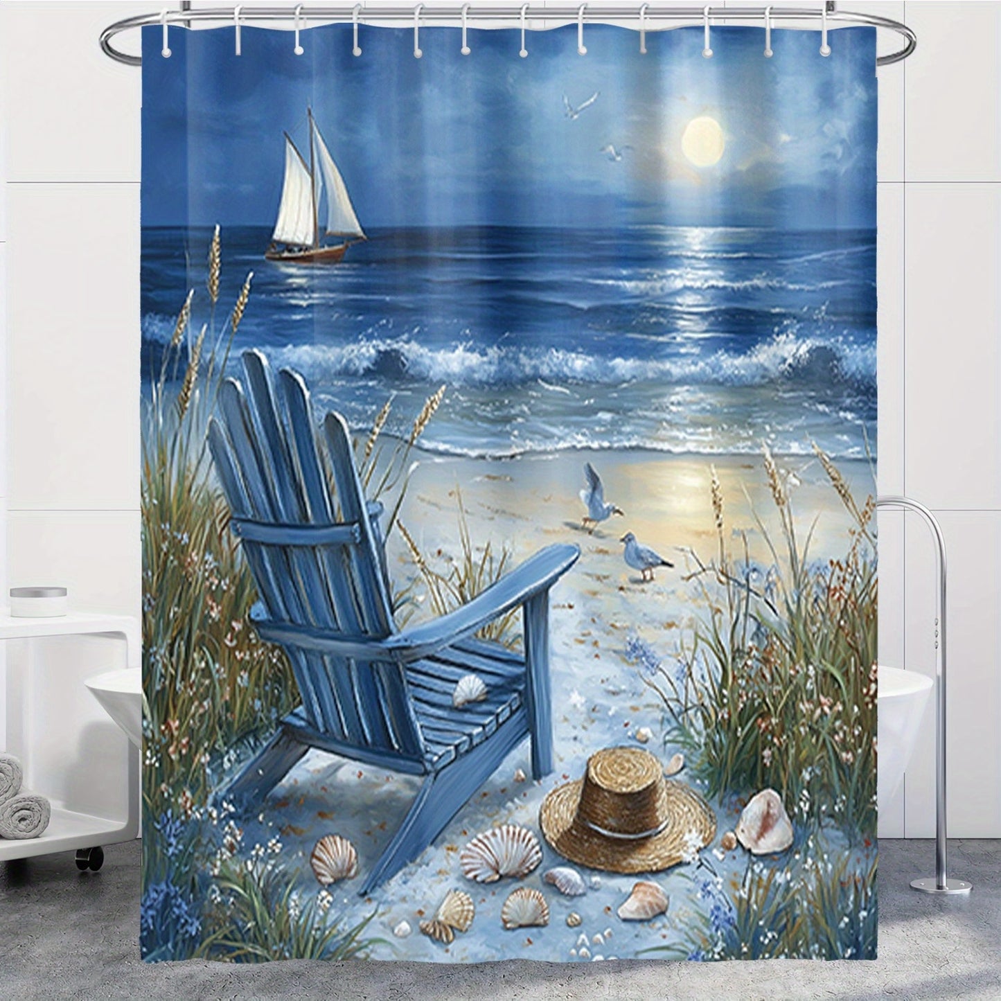 4-Piece Coastal Beach Shower Curtain Set – Adirondack Chairs & Sailboat Scene (72" x 72")