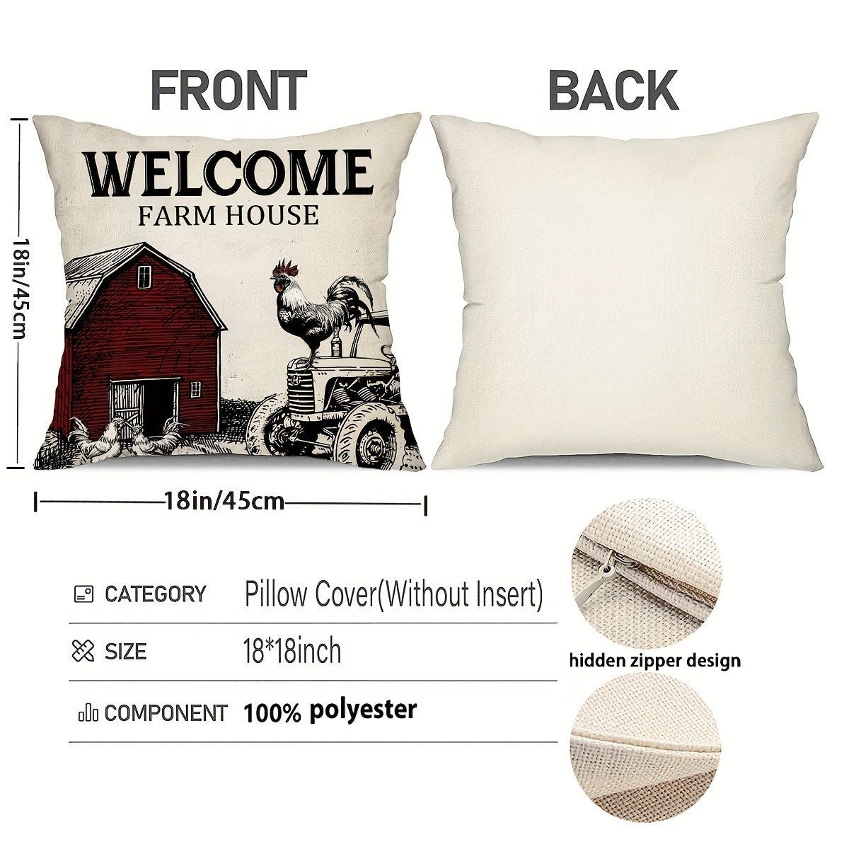 Vintage Farmhouse Pillow Cover – Country Kitchen Rooster, 18"x18"