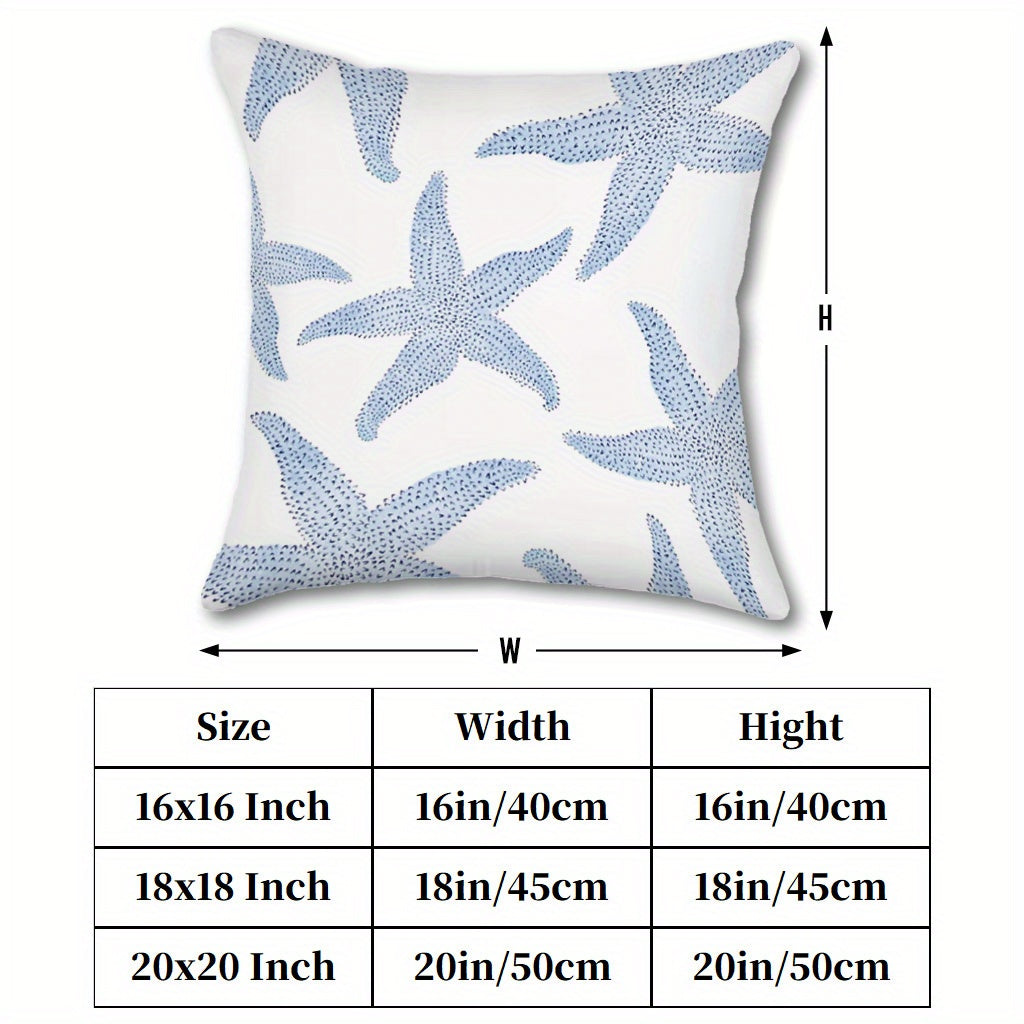 Retro Blue Starfish Coastal Pillow Cover – Blue & White, 16" x 16" & 20" x 20"