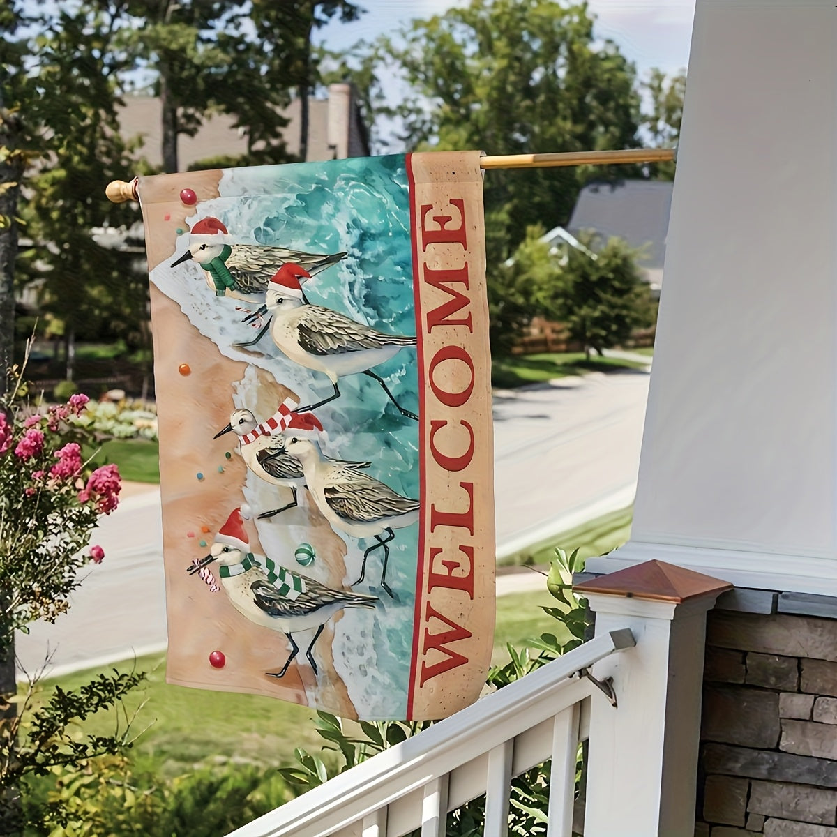 Welcome Christmas Garden Flag – Santa Hat Birds Design, 12x18 Inches