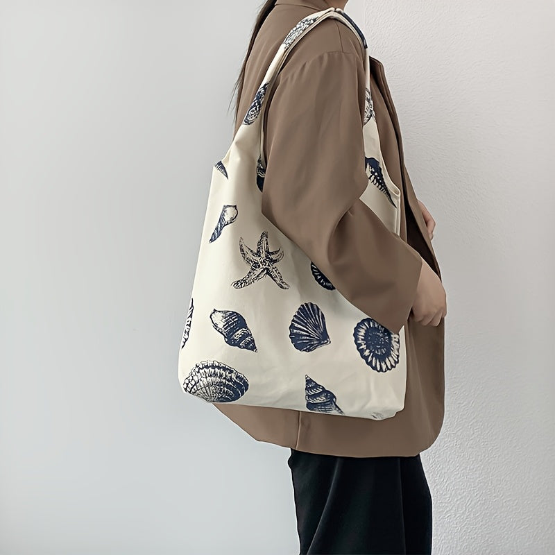 Nautical Seashell & Starfish Canvas Tote