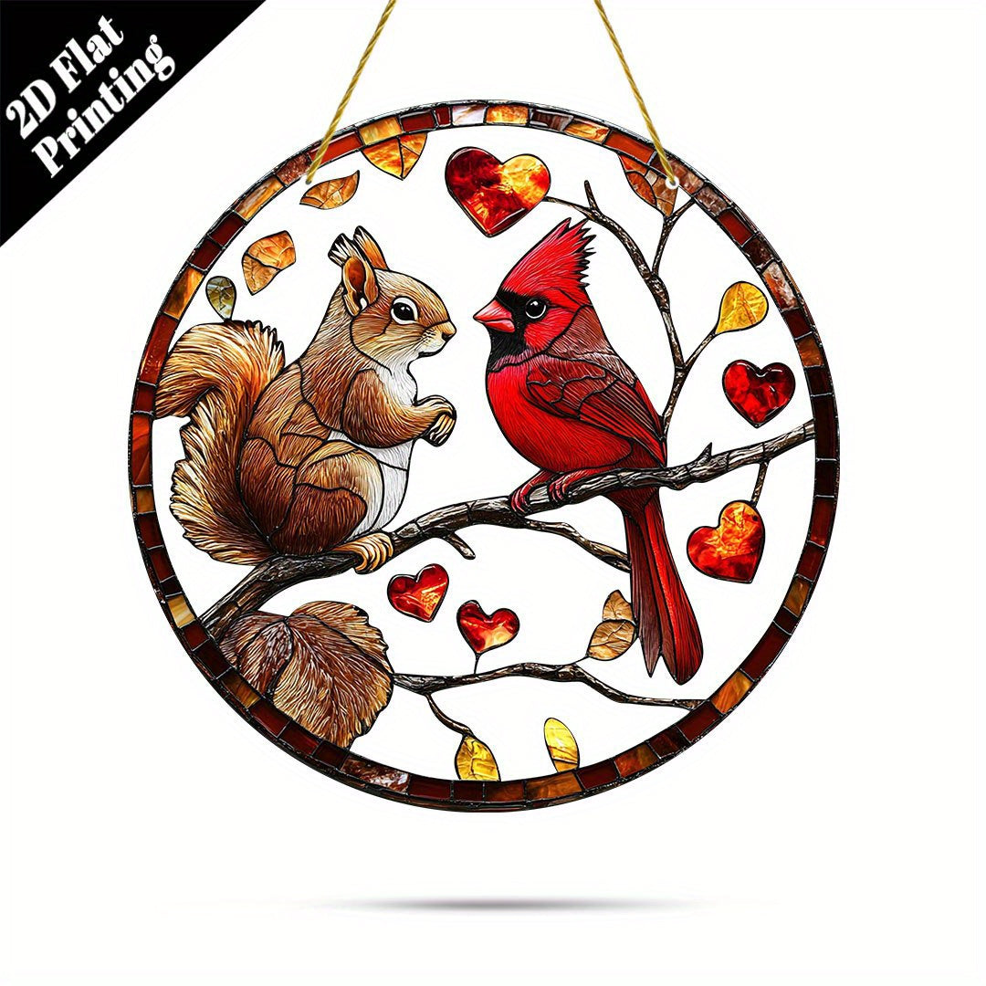 Squirrel & Cardinal Suncatcher Decorative Plaque – 8 x 8", Heart-Shaped Leaves Design