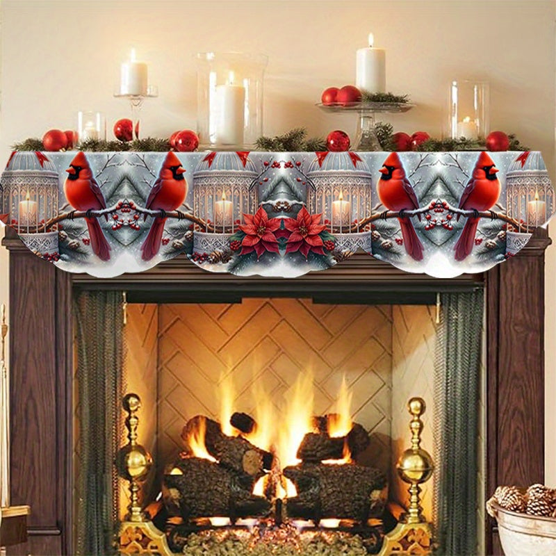 Red Cardinal & Poinsettia Wreath Mantel Scarf