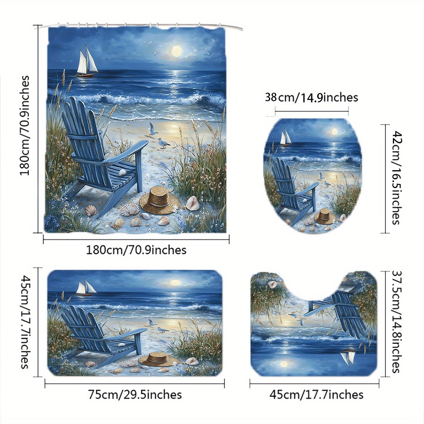 4-Piece Coastal Beach Shower Curtain Set – Adirondack Chairs & Sailboat Scene (72" x 72")