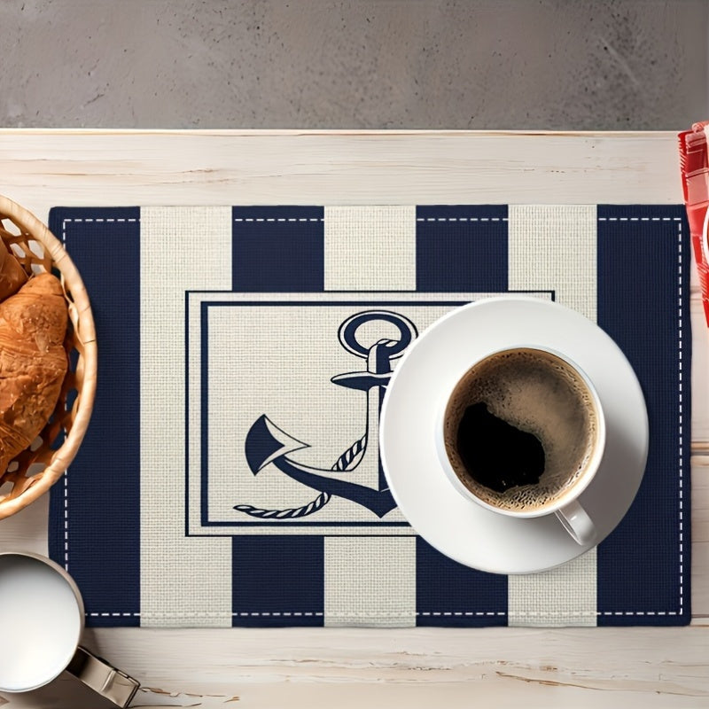 4-Piece Elegant Navy Nautical Linen Placemats – 12x18" Coastal Table Decor, Heat-Resistant & Durable Dining Mats