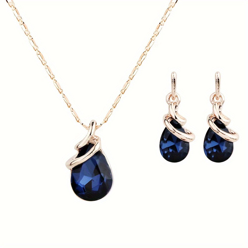 Water Drop Pendant Necklace & Earrings Set – 3-Piece Gift in Purple or Ink Blue