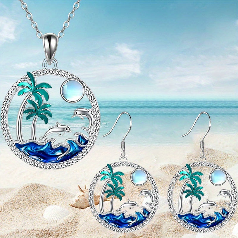 Palm Tree & Dolphin 3-Piece Jewelry Set – Necklace & Earrings