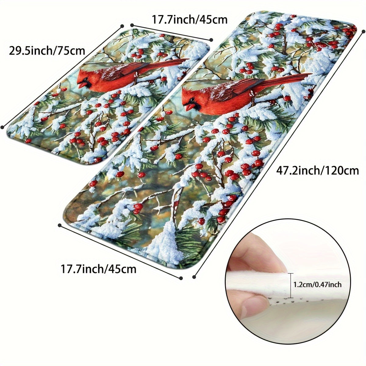 Holiday Cardinal & Pine Branch Door Mats – Non-Slip, Machine Washable, 2.5'x1.5'/4'x1.5'
