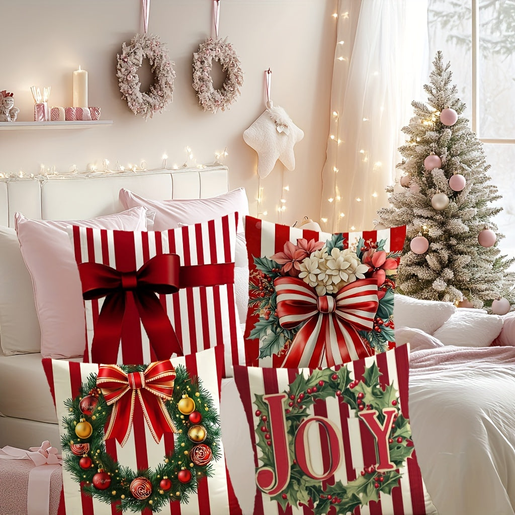 Red & White Striped Christmas Pillow Covers with Ribbon & Joy Design – Festive Holiday Cushion Cases (18x18")