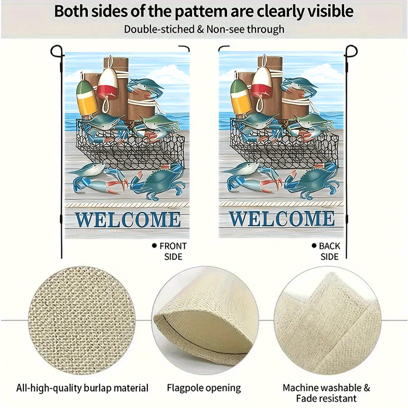 “Welcome” Fishing Crab Garden Flag – Double-Sided Coastal Burlap