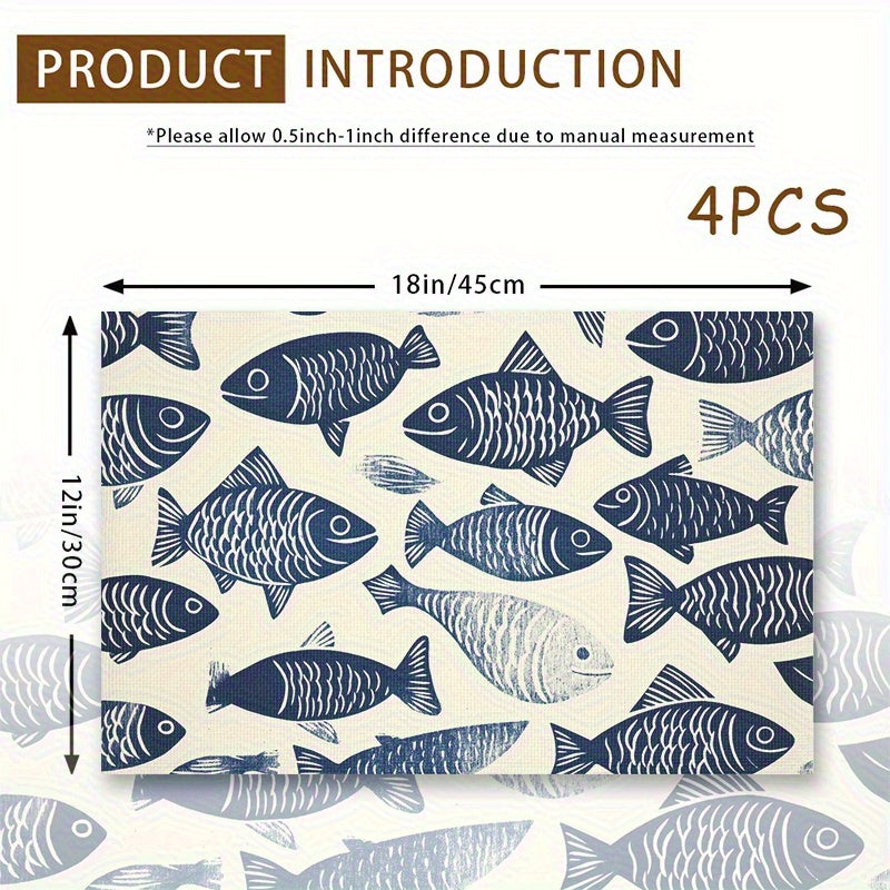 4-Piece Blue & White Fish Pattern Placemat Set – Linocut Style, 12x18"