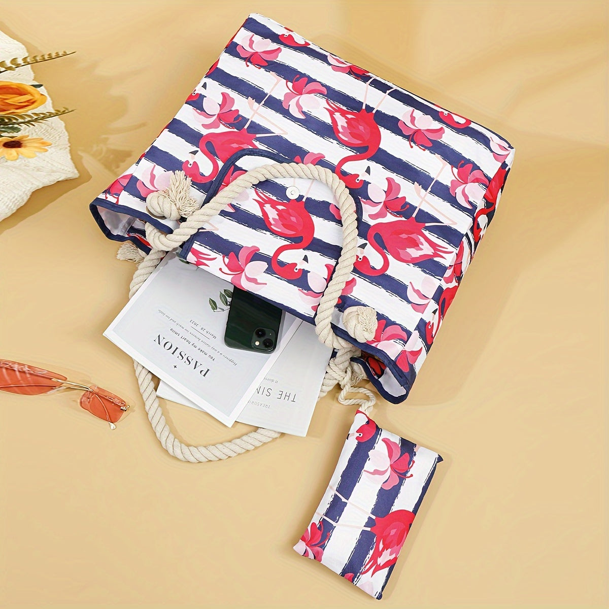 Nylon Flamingo Tote Bag – Beach, Travel & Vacation, 15.2"x17.1"