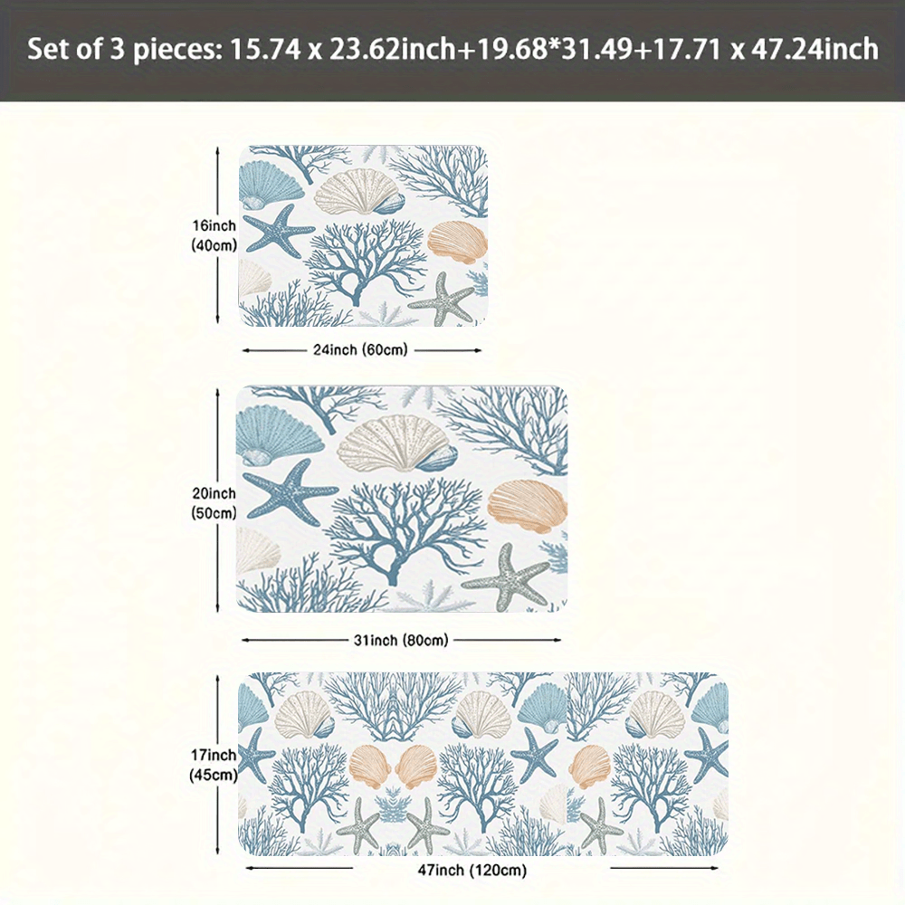 Coral Reef Kitchen Mats – Non-Slip Flannel Floor Mats with Starfish & Seashell Design, 1.5'x2' / 2'x2.5' / 1.5'x4'
