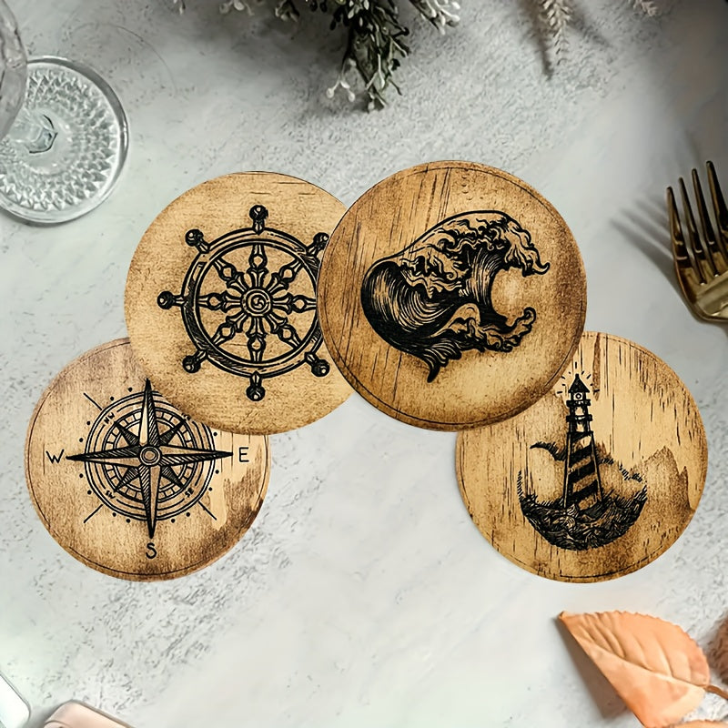 Nautical Wood Coaster Set – Compass and Anchor, 4"