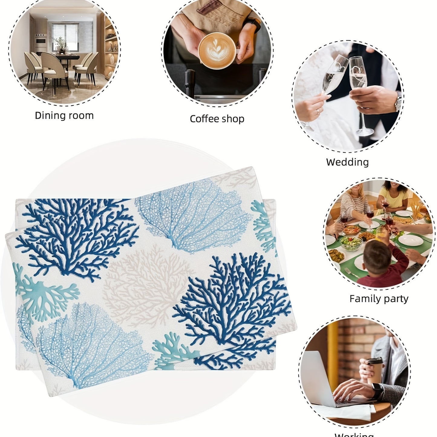 Blue Turquoise Coral Placemats – Set of 4 Coastal Table Mats, 12"x18"