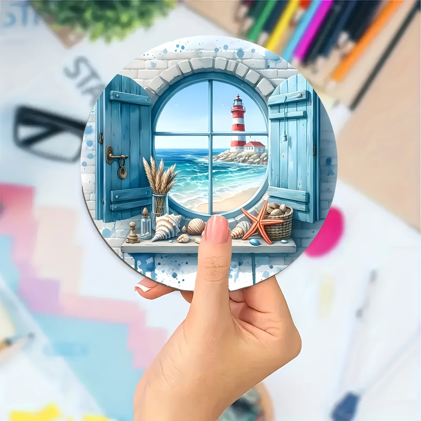 6-Piece Elegant Seaside Lighthouse Wooden Coaster Set