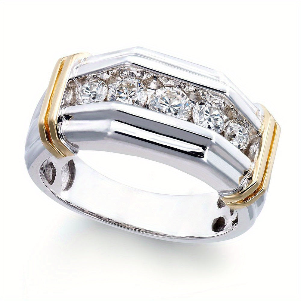 Men's Vintage Two-Tone Stainless Steel Geometric Angle Ring with Sparkling Accents