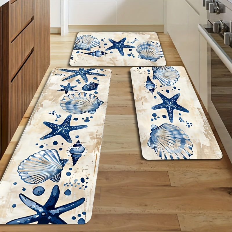 Starfish & Shell Pattern Kitchen Rug – Washable & Durable, 1.5'x2' / 2'x2.5' / 1.5'x4'