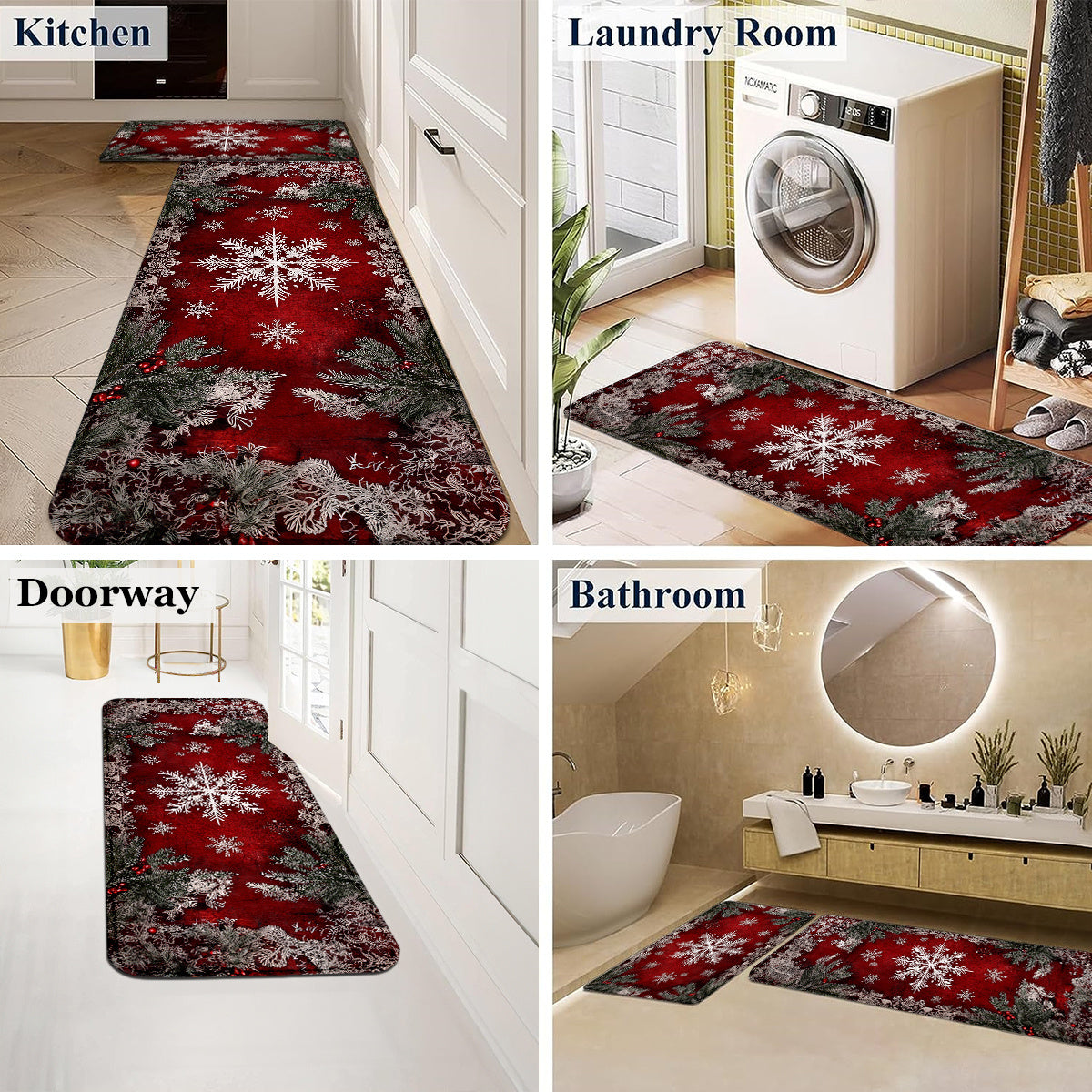 Snowflakes & Pine Branches Kitchen Mats – Non-Slip Machine Washable, 1.5'x2.5' / 1.5'x4'