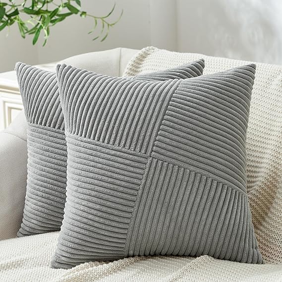 Textured Corduroy Patchwork Pillow Cover with Striped Panels – Gray (18x18)