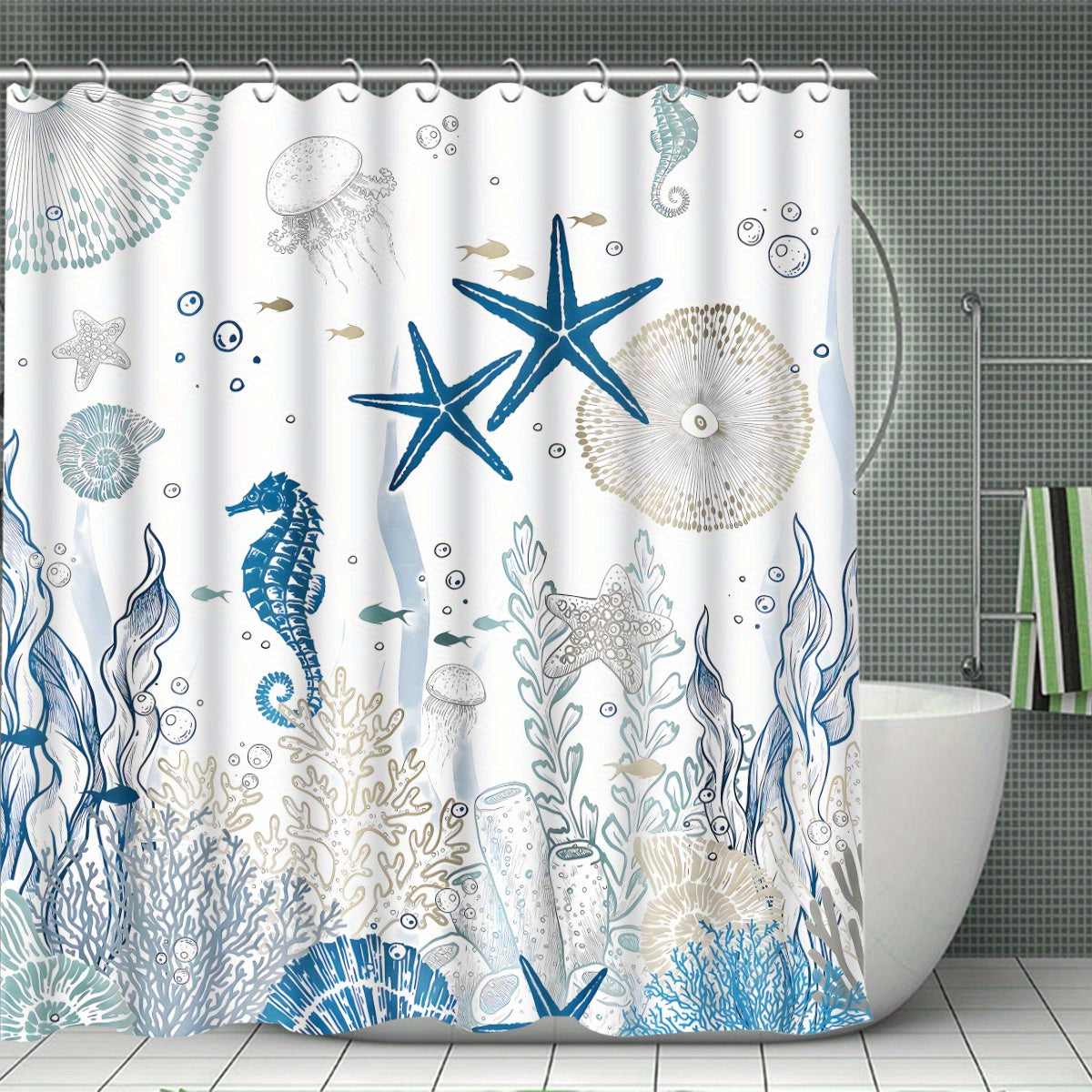 4-Piece Blue & White Marine Life Bath Set – Curtain, Mats & Hooks Included