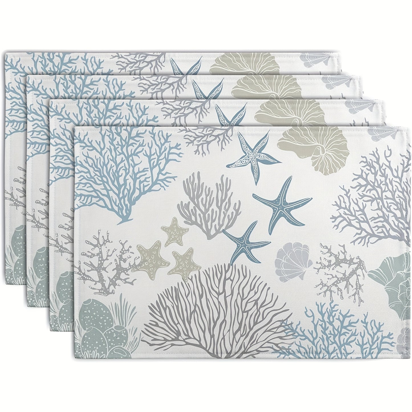 Summer Nautical Coastal Placemats – Set of 4 Ocean & Beach 12x18" Table Mats, Blue Gray Coral Starfish Design