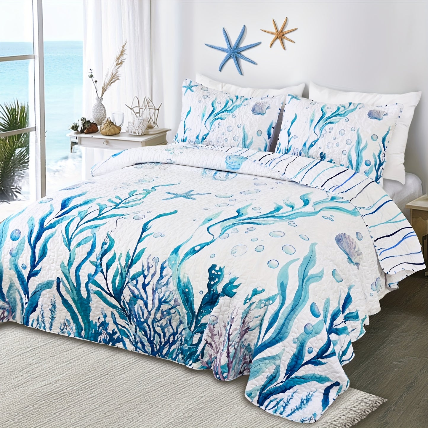 Ocean-Themed Reversible Quilt Set – 3-Piece Queen & King Bedding