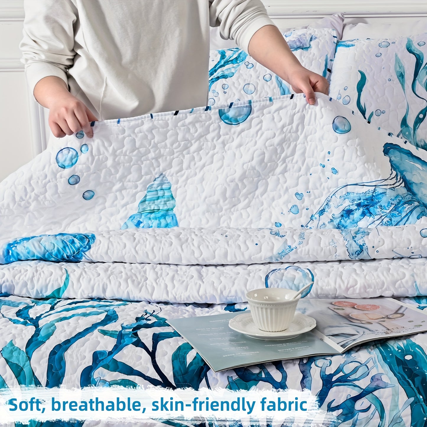 Ocean-Themed Reversible Quilt Set – 3-Piece Queen & King Bedding