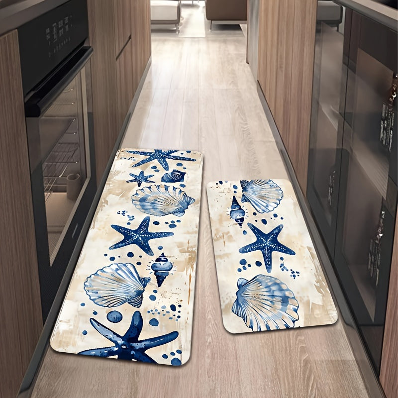 Starfish & Shell Pattern Kitchen Rug – Washable & Durable, 1.5'x2' / 2'x2.5' / 1.5'x4'