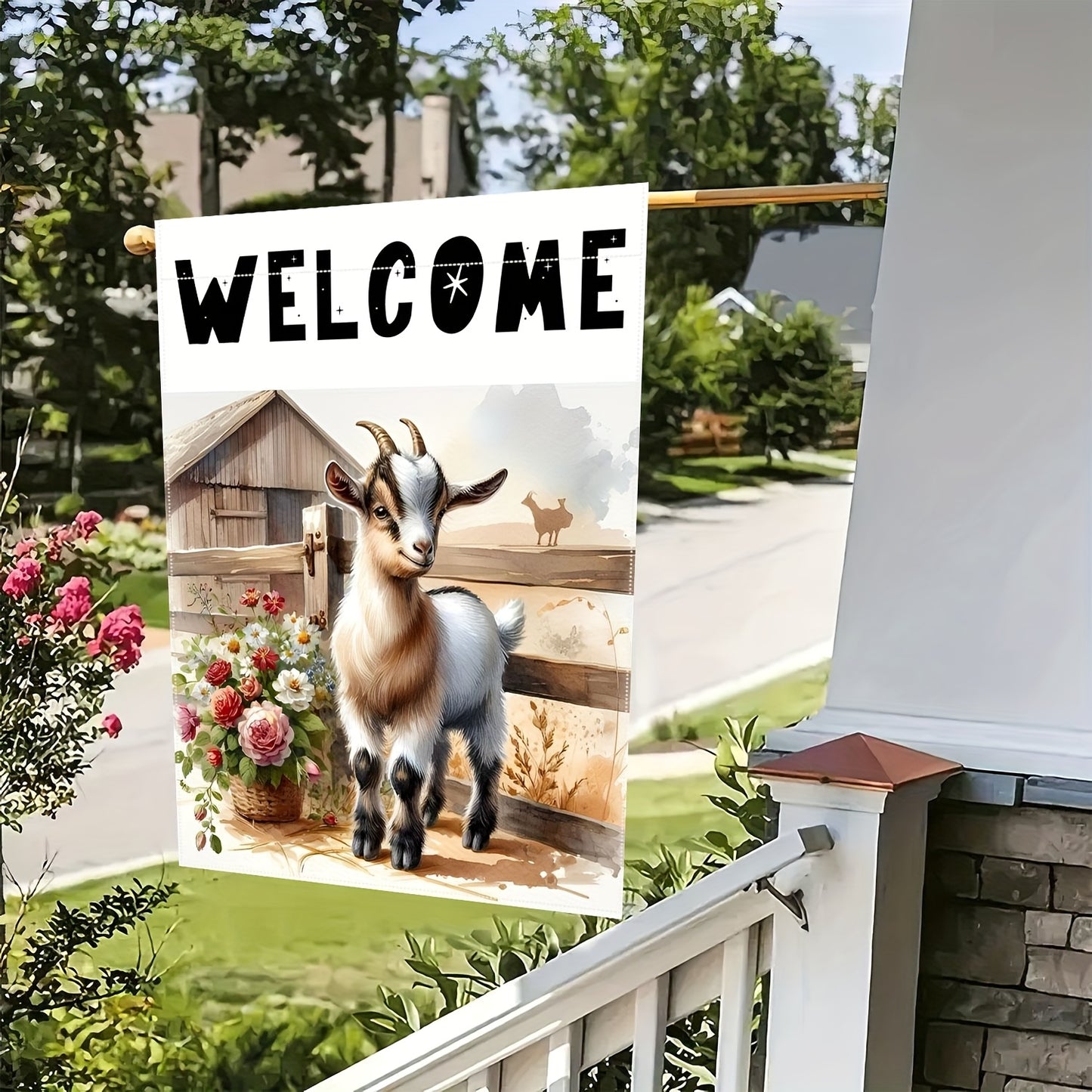 Welcome Goat & Flowers Garden Flag – 12" x 18"