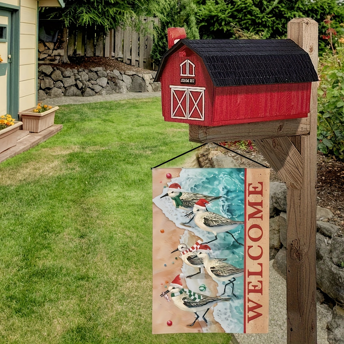 Welcome Christmas Garden Flag – Santa Hat Birds Design, 12x18 Inches