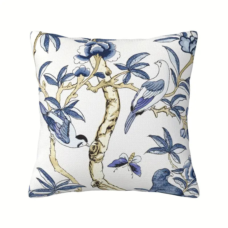Linen pillow cover featuring blue birds and chinoiserie-style branches and florals, 18x18, insert not included.