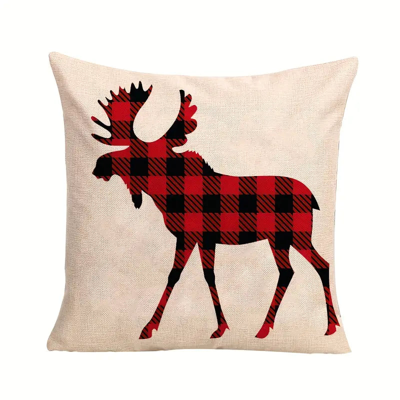 Buffalo plaid moose silhouette pillow cover with red and black plaid moose on a neutral background