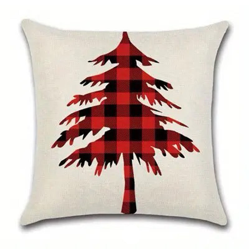Red and black buffalo plaid pillow cover with a single evergreen tree