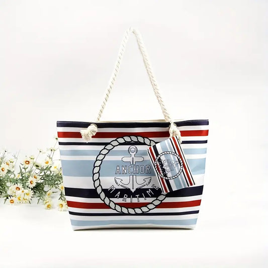 Striped And Anchor Pattern Tote Bag