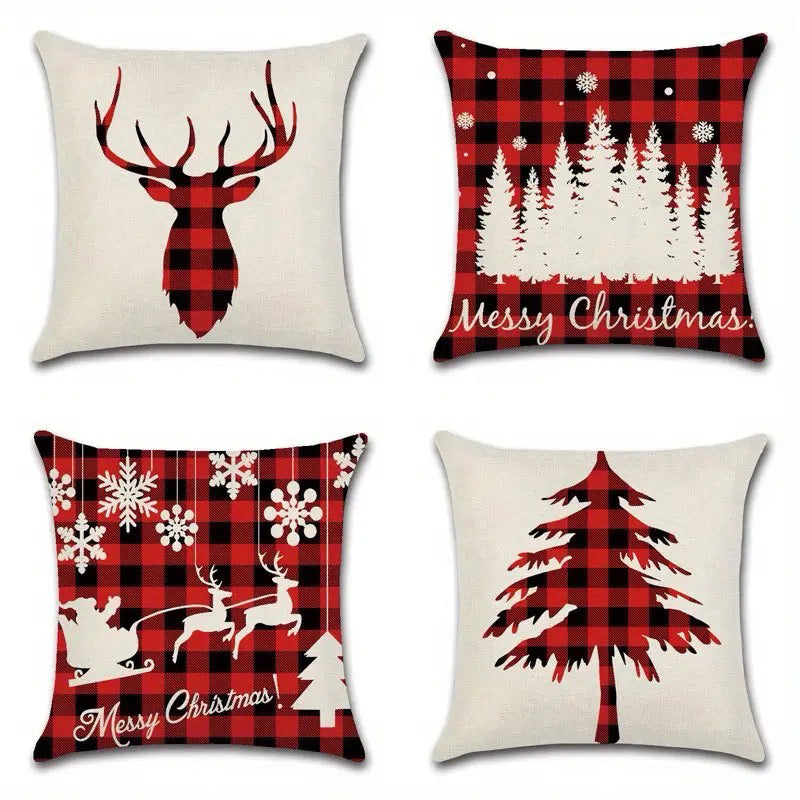 Four red and black buffalo plaid pillow covers featuring a reindeer silhouette, forest with snowfall and text, sleigh with reindeer, and a single evergreen tree