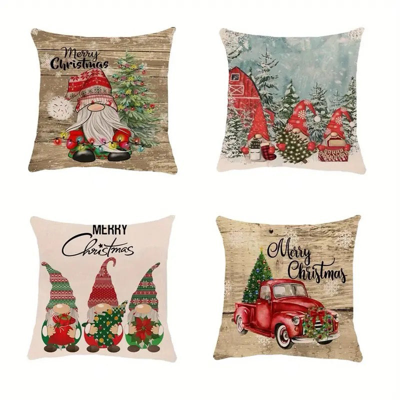 Christmas gnome pillow cover collection featuring gnome designs, winter barn scene and red truck with Christmas tree.