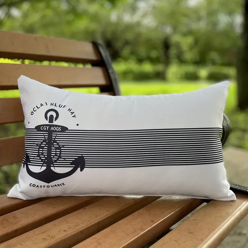 White lumbar pillow cover featuring a navy blue Coast Guard style anchor and helm badge with horizontal racing stripes and a hidden zipper for nautical décor - 12x20 - Coastal Pillows Plus