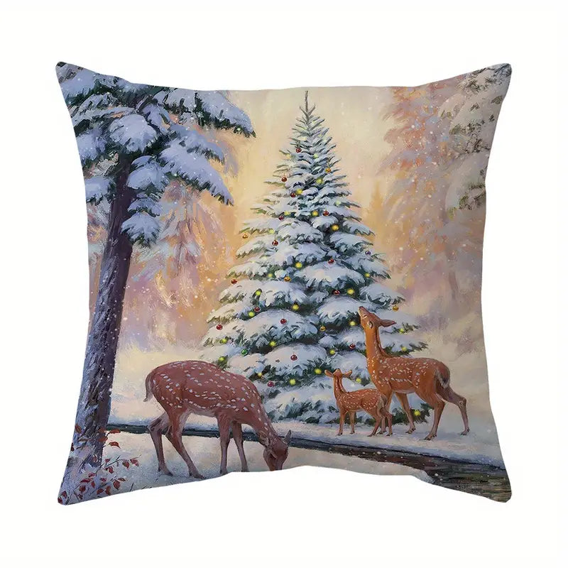 Winter pillow cover with deer and decorated pine tree in snowy forest scene