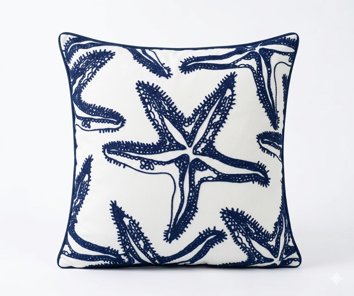 20x20 square pillow cover with navy embroidered starfish pattern on a light fabric background for coastal decor.