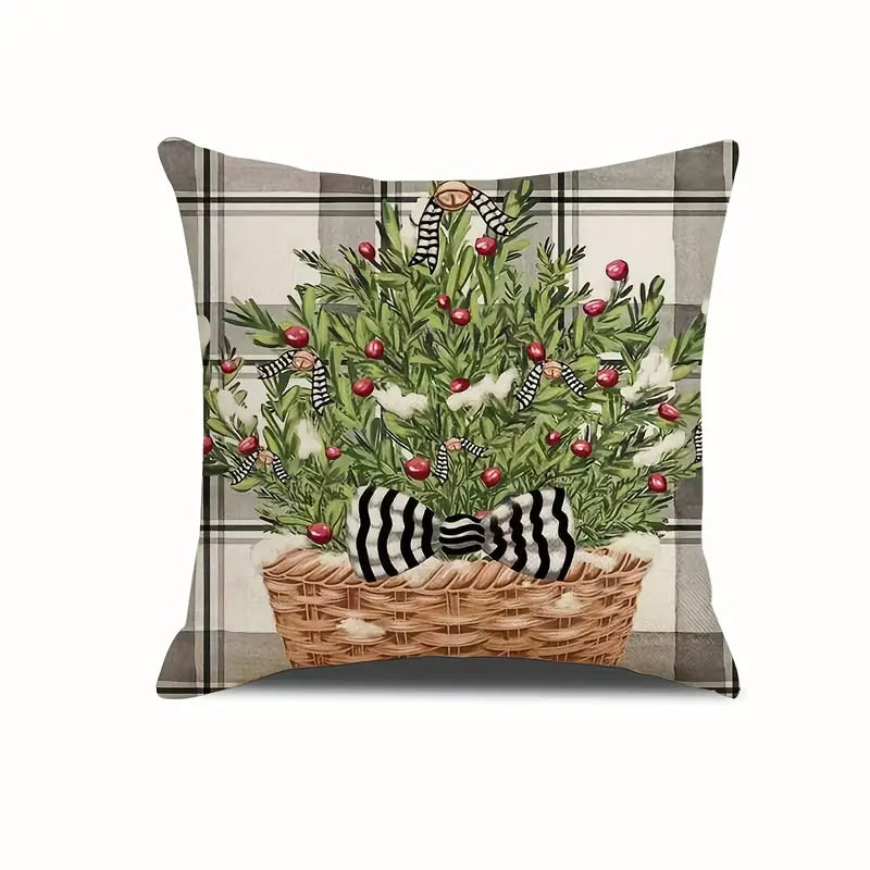 Farmhouse Christmas pillow covers featuring greenery basket and vintage bells on plaid backgrounds.