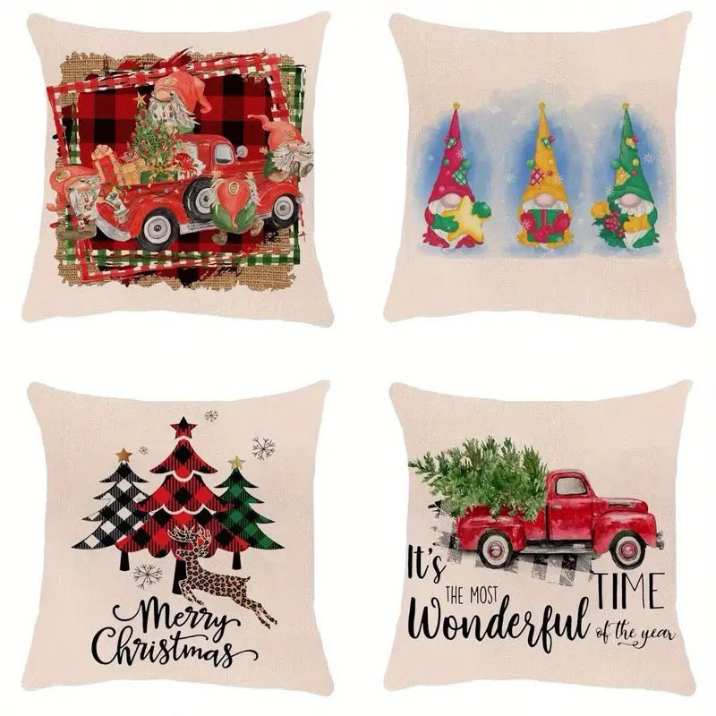 Farmhouse Christmas pillow cover collection featuring gnomes, red trucks, plaid Christmas trees and holiday text designs.